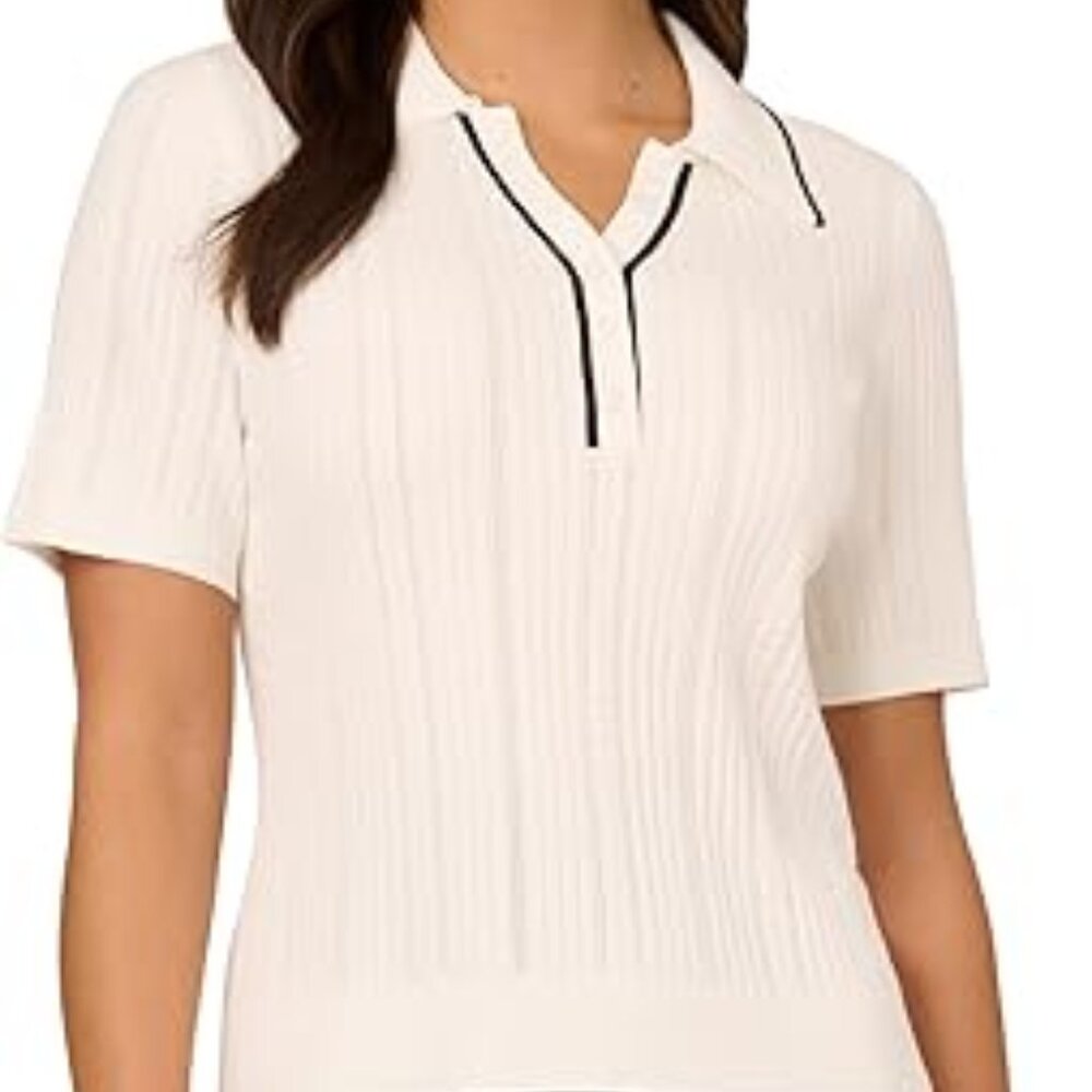 NWT Adrianna Papell Tipped Short Sleeve Polo Sweater - Picture 3 of 5